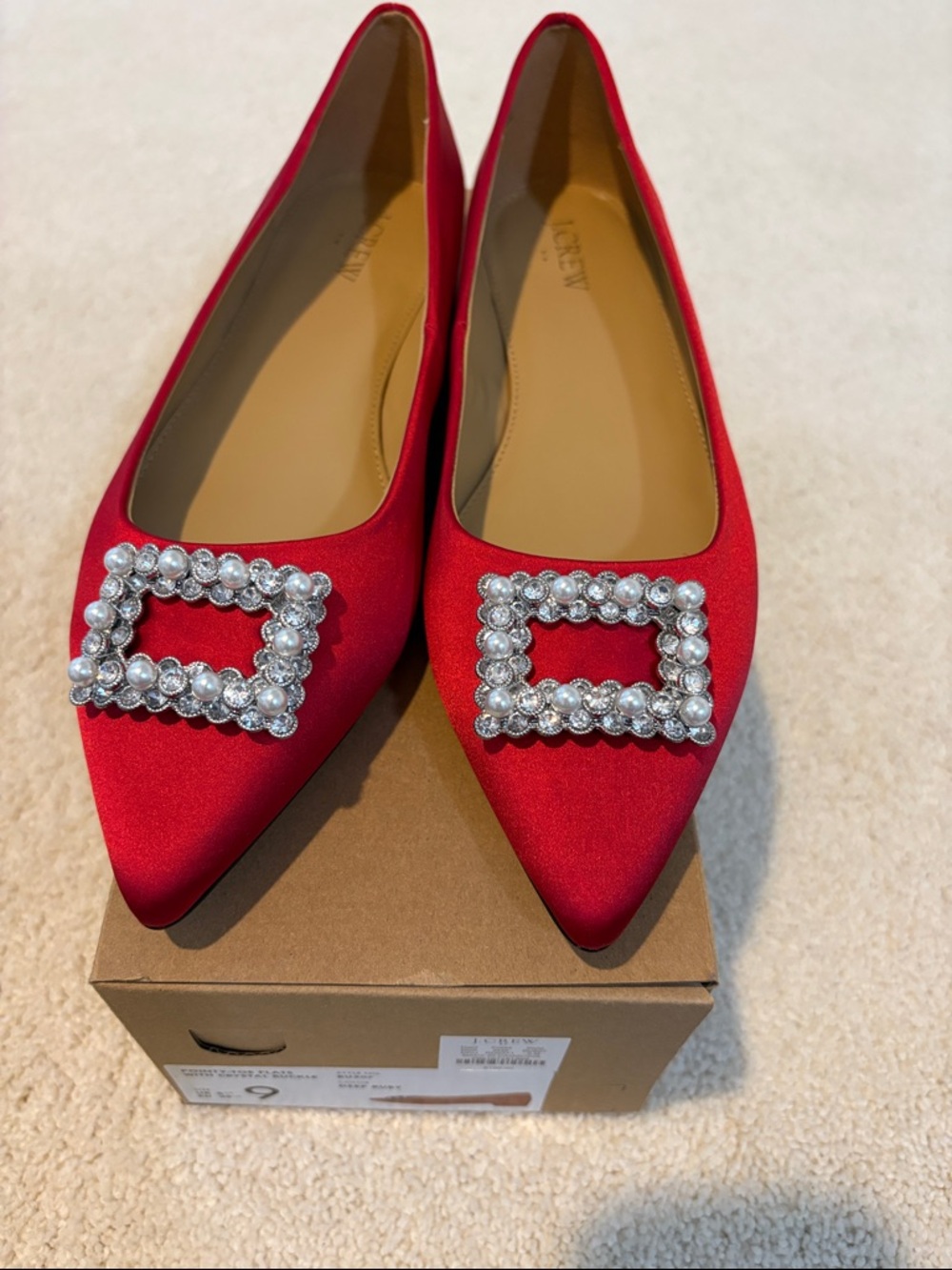 J. Crew Red Satin Pointed Flats with Pearl Crystal Rectangle Buckle